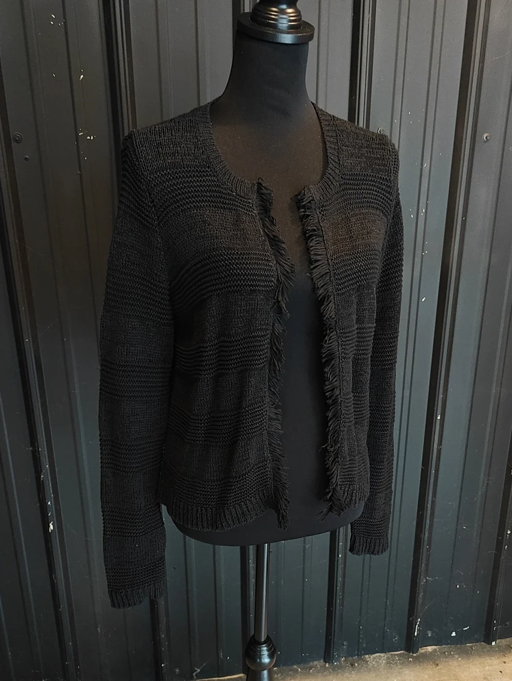 LOFT Black Fringe Open-Front Cardigan